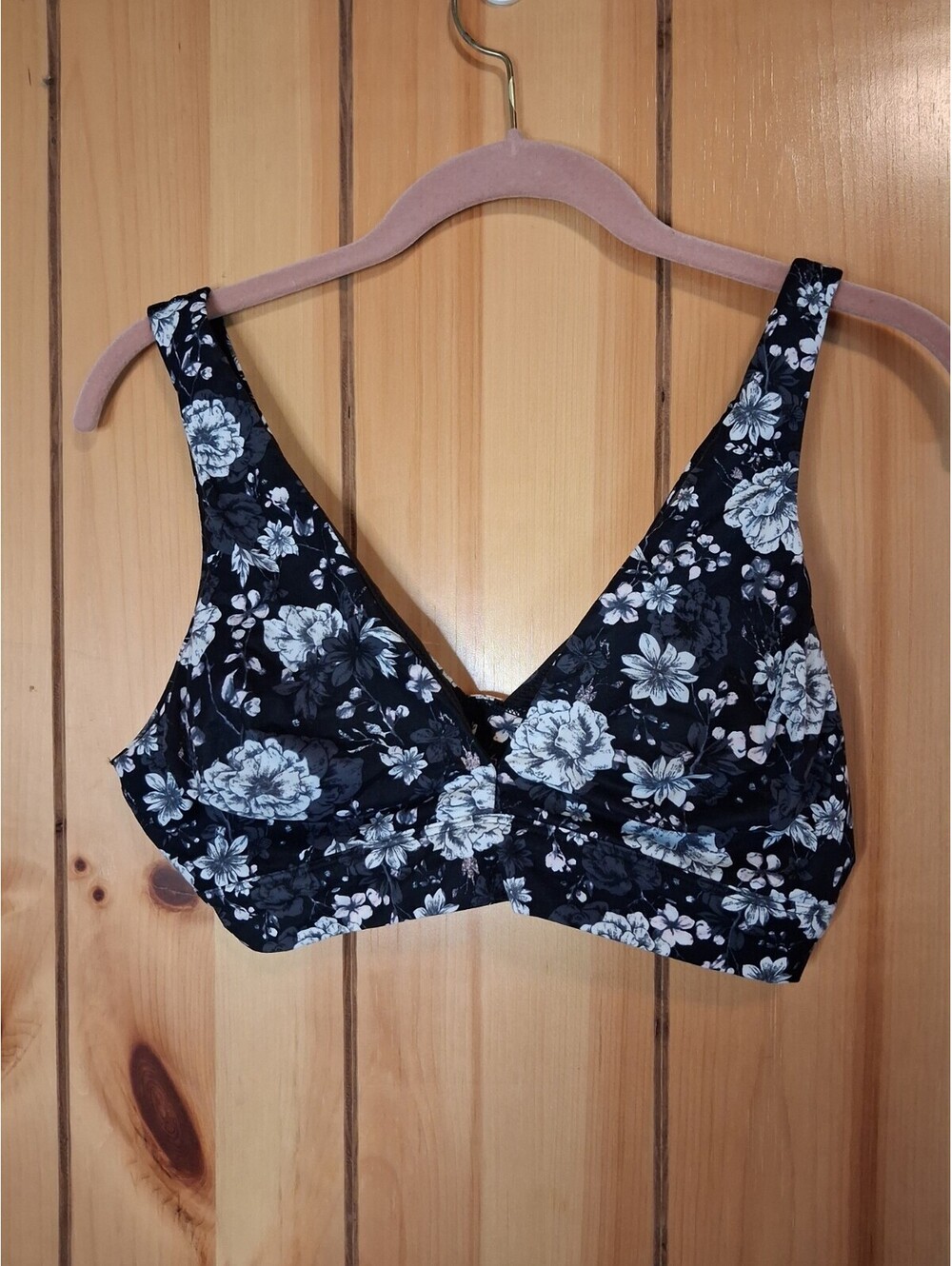 Victoria's Secret Large Bralette Lined Triangle Bra Black Gray Floral Lingerie
